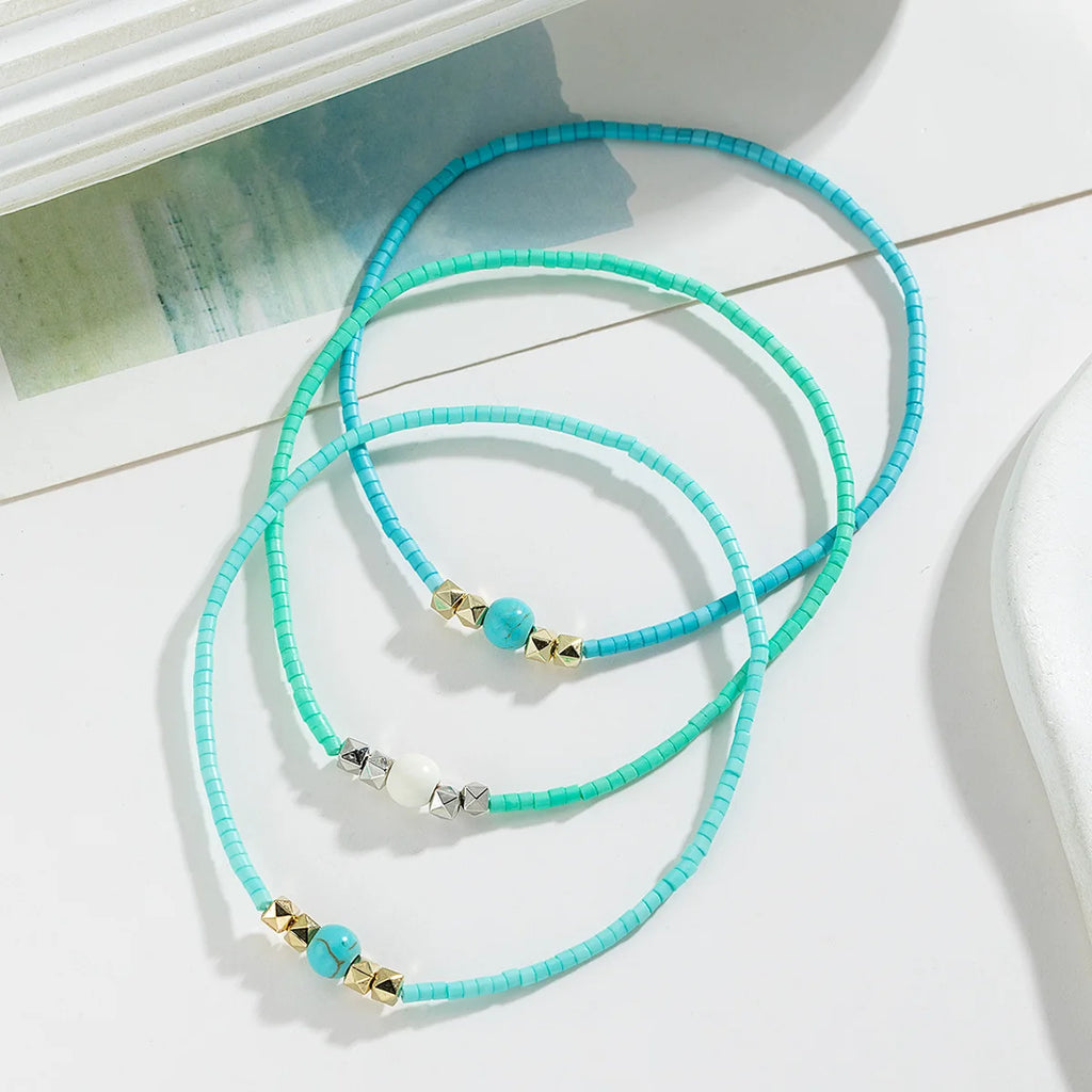 3pcs Boho Handmade Anklet Sets For Women Blue Rice Beads Chain Ankle Bracelet Elastic Rope Beach Summer Foot Accessories