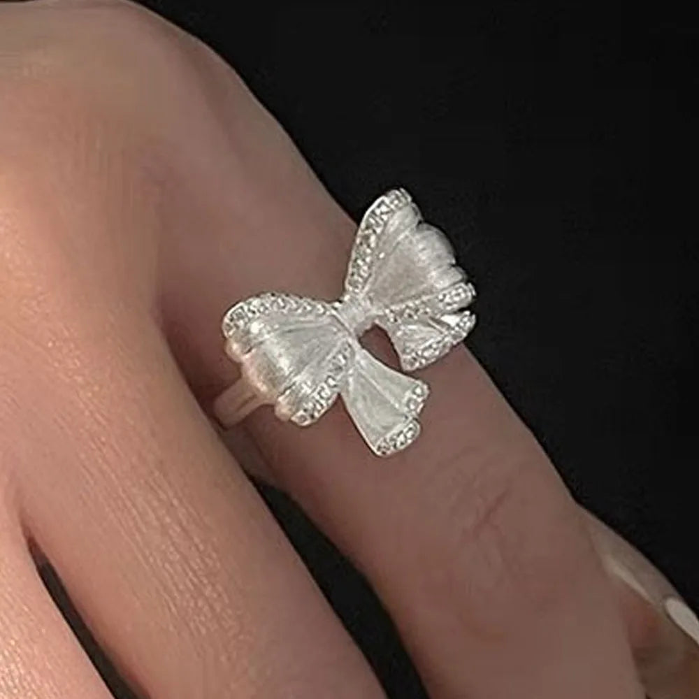 925 Sterling Silver Rings For Women Vintage Handmade Adjustable Finger Shinning Bow Ring Fashion Band Female Bijoux Gift