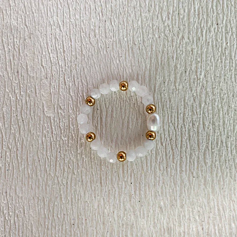 Elegant Handmade Freshwater Pearl Rings Women With Stainless Steel Bead Elastic Thread Wedding Statement Ring Gift