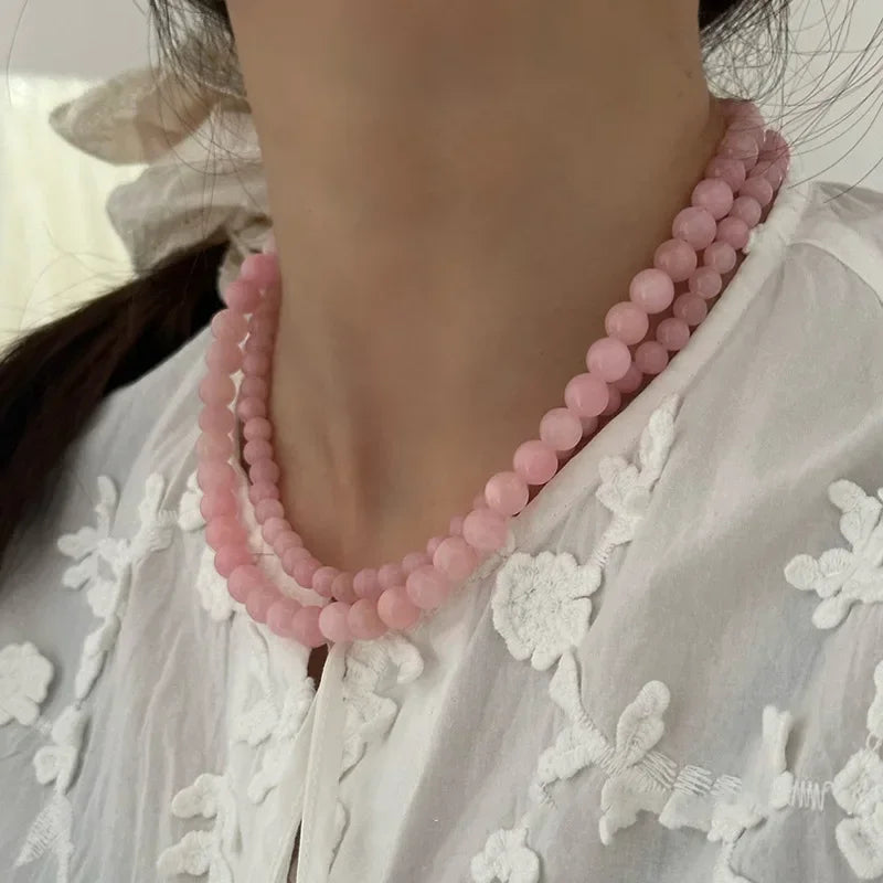 Exquisite 4 6 8mm Pink Color Round Natural Stone Beaded Necklace for Women Handmade Silver Plated Chain Strand Chokers