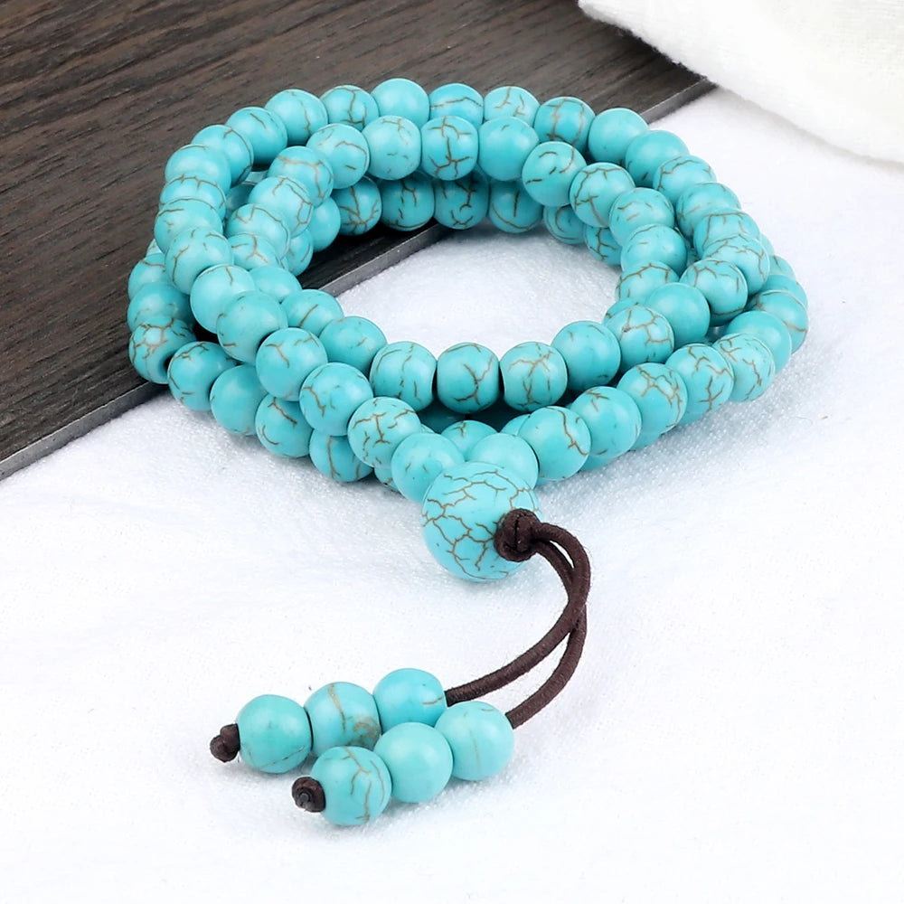6MM Natural Light Blue Beaded Necklaces Fashion Handmade 108 Mala Beads Women Elastic Bracelet Yoga Meditation Men Jewelry Gifts