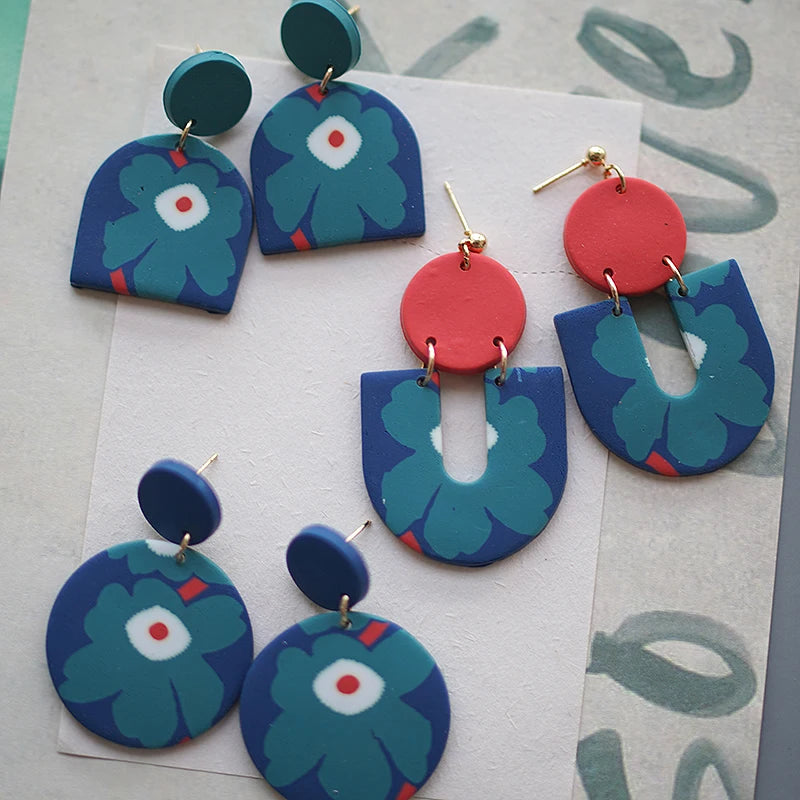 Flower Abstract Art Deco Pattern Multi Sizes Pendant Shapes Solid Colors Handmade Polymer Clay Earrings Sets For Woman Holiday