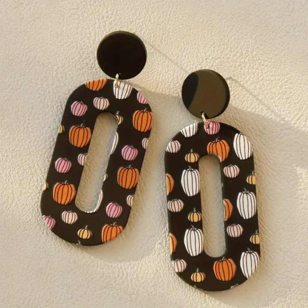 Halloween Pumpkin Print Earrings Geometric Hollow Design Clay Texture Festive Womens Jewelry