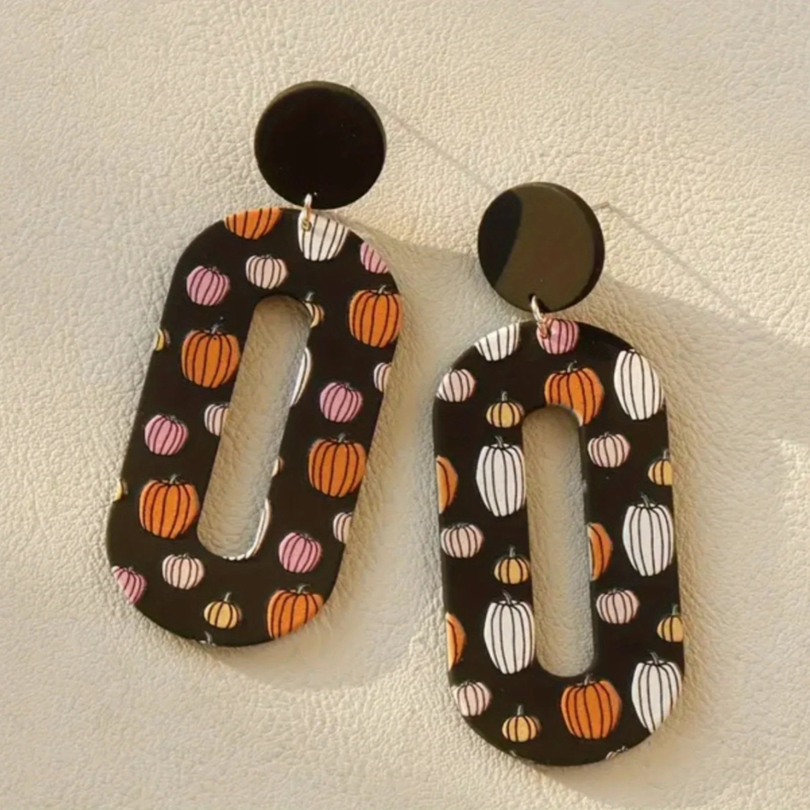 Halloween Pumpkin Print Earrings Geometric Hollow Design Clay Texture Festive Womens Jewelry