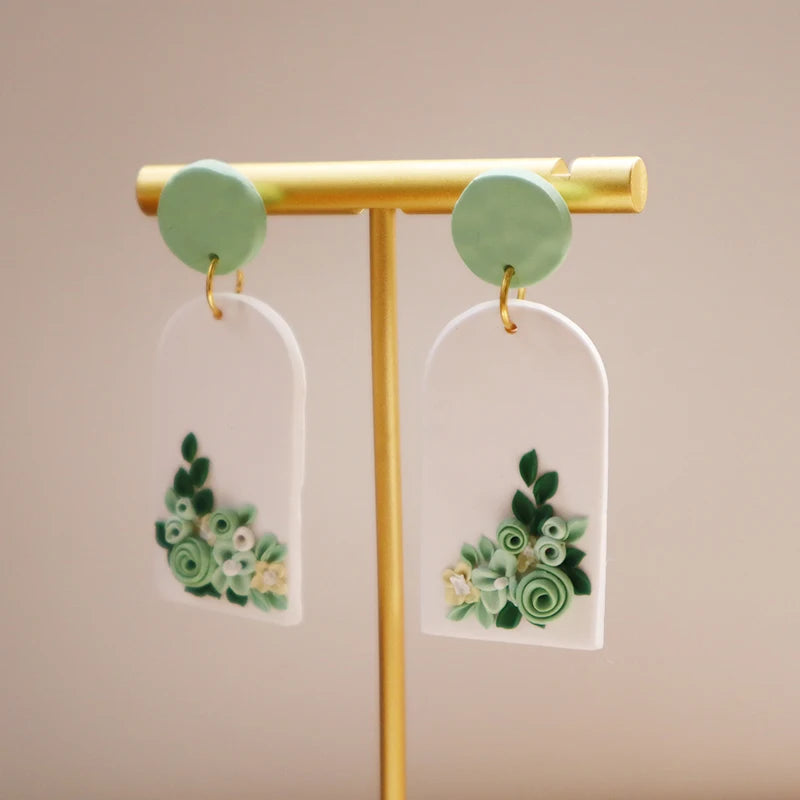 Polymer Clay Drop Earrings for Women Handmade Flowers Pendant Earrings Green Geometry Dangle Earring  Jewelry Christmas Present