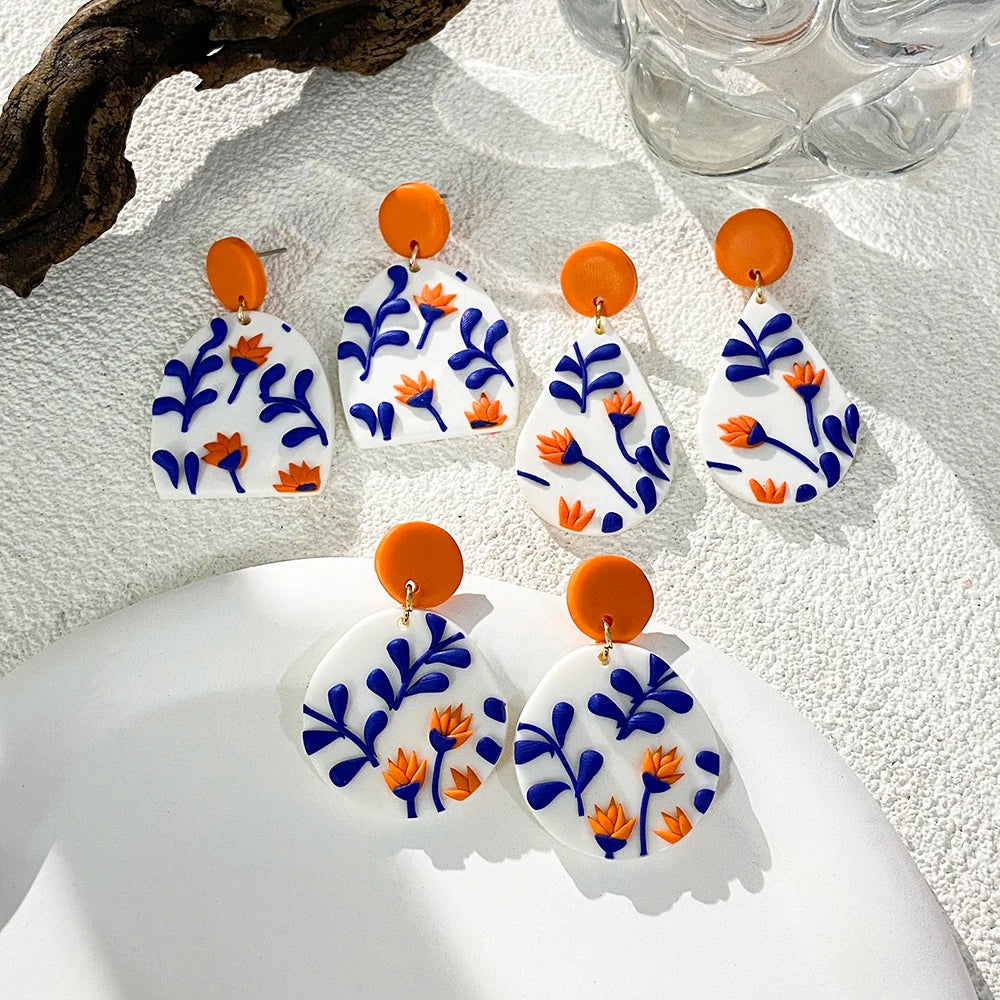 Handmade Polymer Clay Women Drop Earring Fashion Classic Bohemiam Multi Shapes Personality Blue Leaves Unique Jewelry