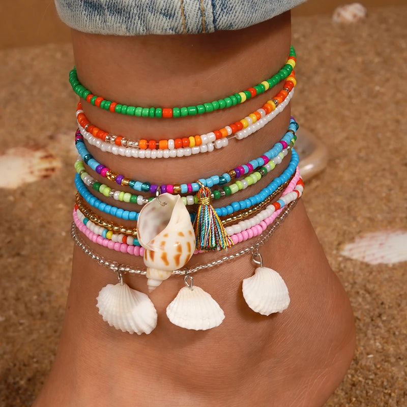 10Pcs/Set Bohemian Handmade Colorful Beads Anklets for Women Summer Beach Shell Starfish Anklets Bracelets Girls Holiday Gifts