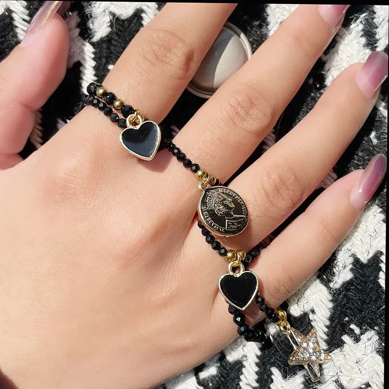 Obsidian Heart Star Charm Rings Women Ethnic Handmade Fashion Stainless Steel Jewelry Natural Stone Ring Wholesale