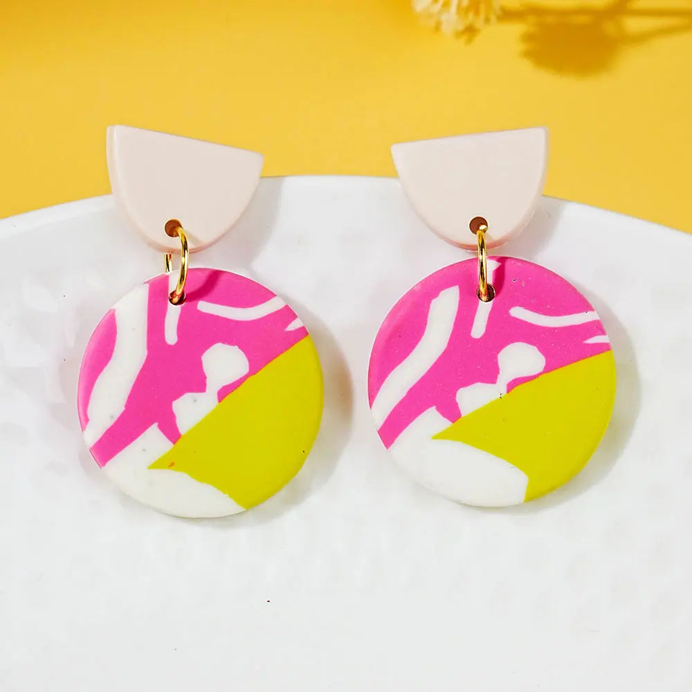 Rainbow Color Round Trapezoid Polymer Clay Drop Earrings For Women Handmade Geometry Clay Dangle Earrings Jewelry Gifts