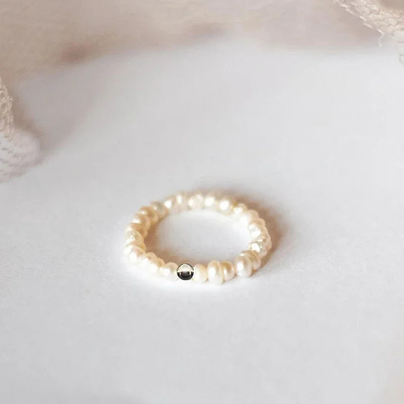 Elegant Handmade Freshwater Pearl Rings Women With Stainless Steel Bead Elastic Thread Wedding Statement Ring Gift