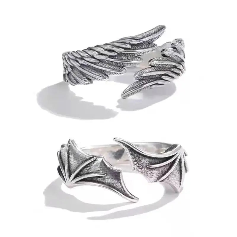 Retro Angel Demon Wings Hip Hop Couple Ring,Punk Gothic Open Ring Handmade Unisex Silver Color Jewelry New Gift for Lovers
