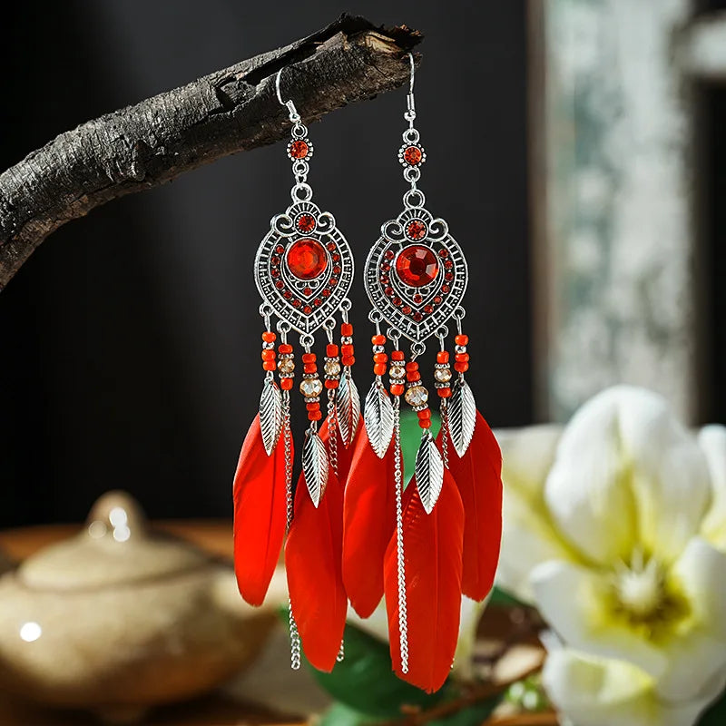 Boho Feather Long Leaf Tassel Drop Earrings For Women Geometric Rhinestone Crystal Beads Handmade Chain Wedding Earrings Jewelry