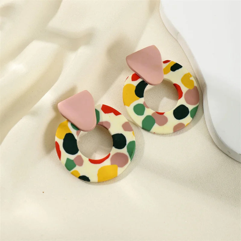  Bohemian Geometric Circle Square Clay Dangle Earrings Fashion Colorful Printing Contrast Color Polymer Clay Earrings for Femal