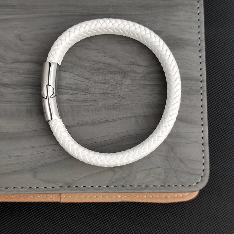 Fashion Simple White Leather Braid Bracelet Stainless Steel Buckle Clasps for Men Handmade Bangle Wholesale Charm Jewelry Gift
