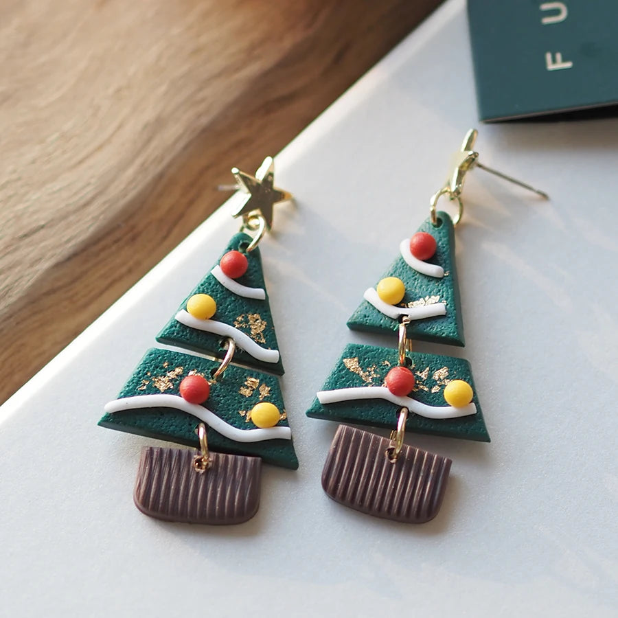 Christmas Tree Polymer Clay Earrings for Women Handmade Holiday Jewelry Cute Drop Earrings with Festive Design Party Accessories