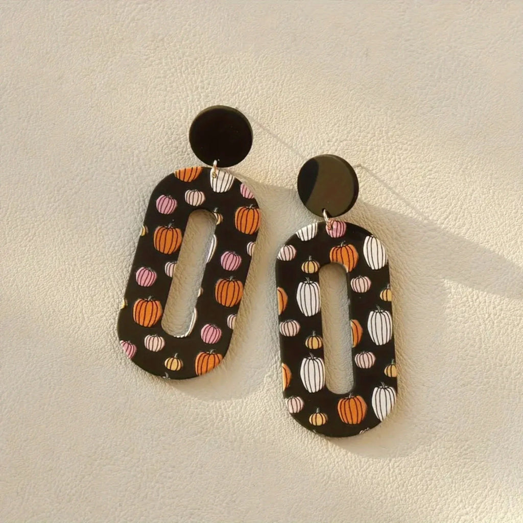 Halloween Pumpkin Print Earrings Geometric Hollow Design Clay Texture Festive Womens Jewelry