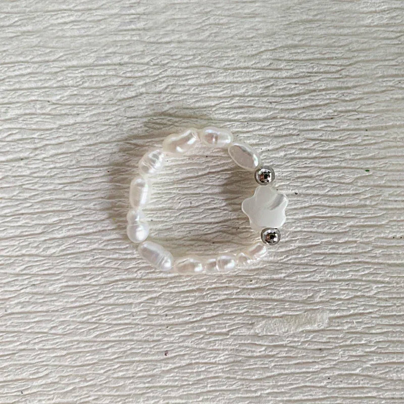 Elegant Handmade Freshwater Pearl Rings Women With Stainless Steel Bead Elastic Thread Wedding Statement Ring Gift