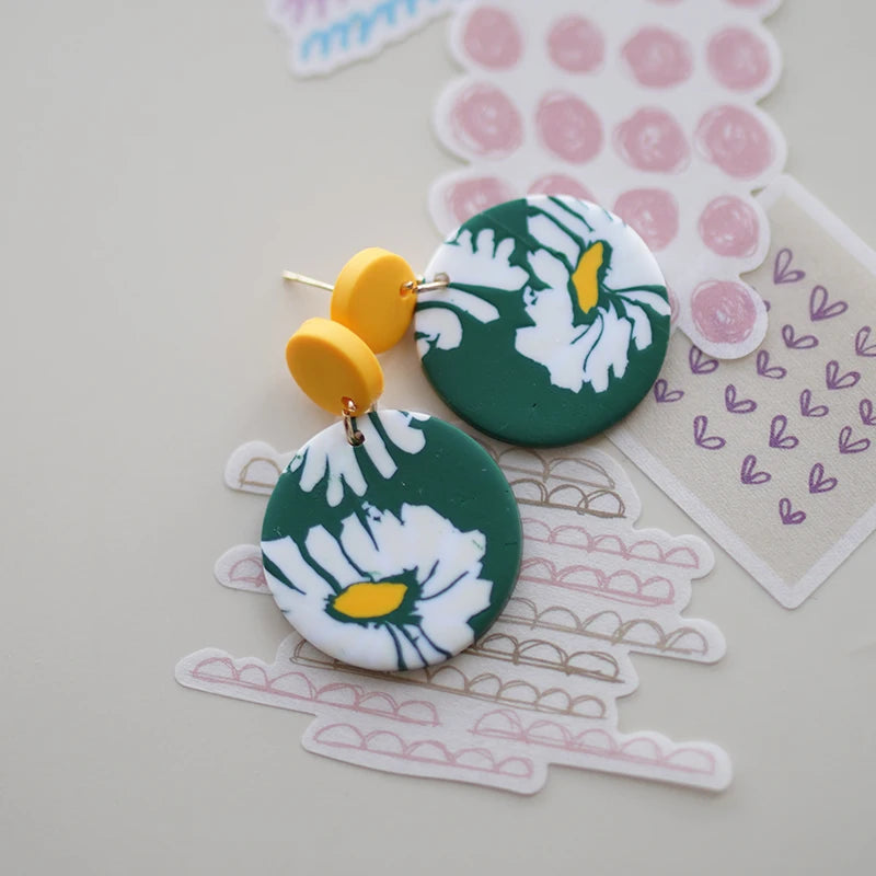 Flower Abstract Art Deco Pattern Multi Sizes Pendant Shapes Solid Colors Handmade Polymer Clay Earrings Sets For Woman Holiday