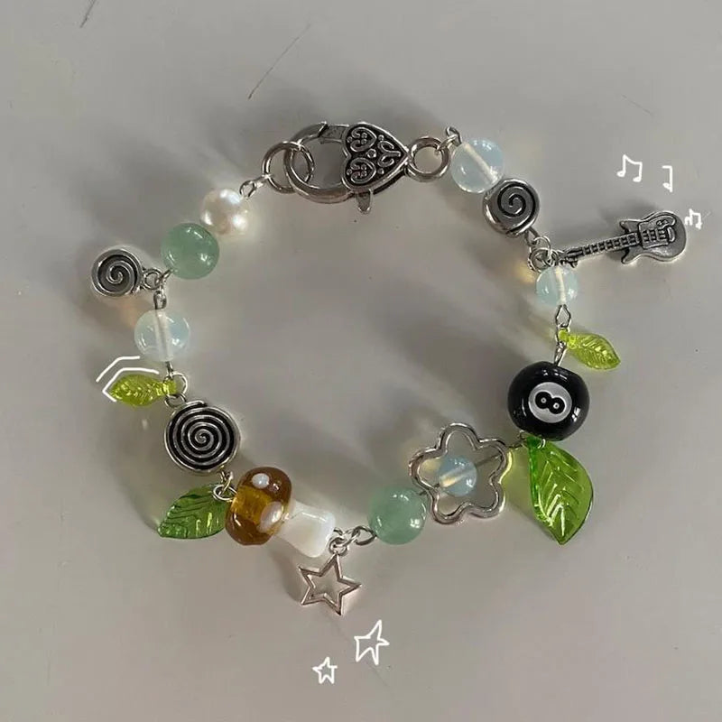 Mushroom themed beaded bracelet spiral leaf Handmade