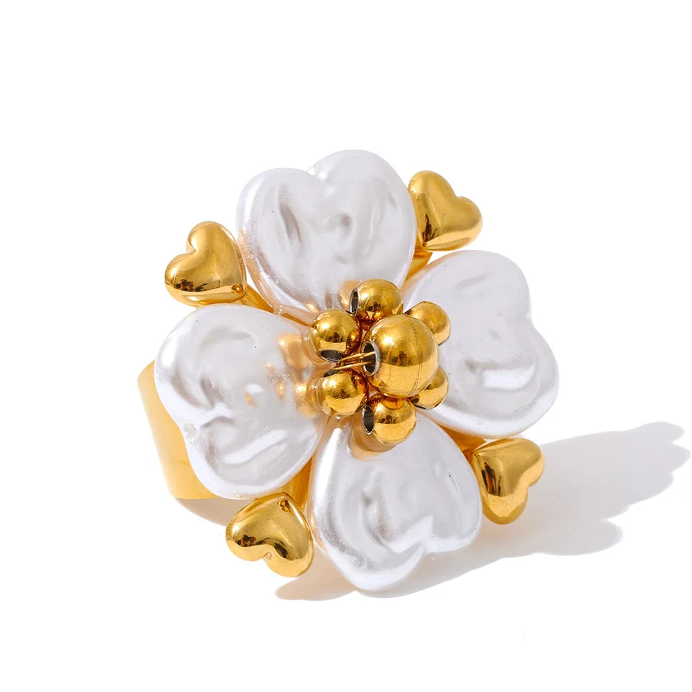 Stainless Steel Imitation Pearls Flower Golden Handmade PVD Ring Trending Metal Fashion Elegance Popular Jewelry Gift