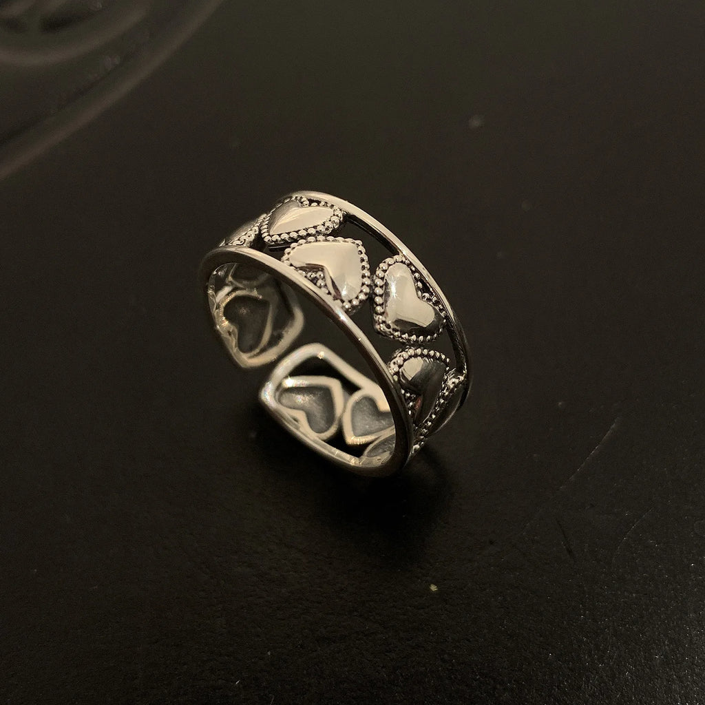Creative Thai Silver Color Heart Open Ring Female Valentine's Day Gift Fashion Temperament Exquisite Handmade