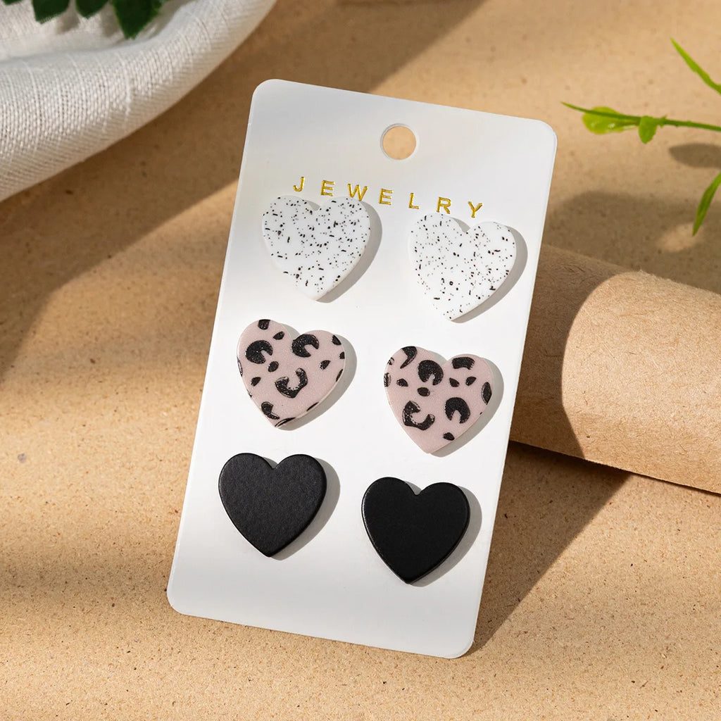 3-on-1 card spotted leopard print symbol printed clay texture women's acrylic heart-shaped earrings