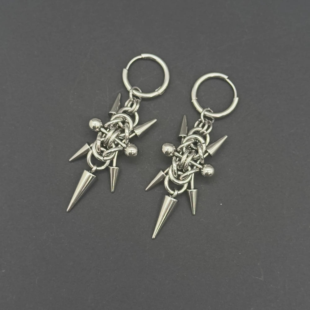 Gothic Stainless Steel Hoops Spike Piercing Long Dangle Earrings Handmade Punk y2k Chainmail Rivet Drop Earrings Rock Jewelry