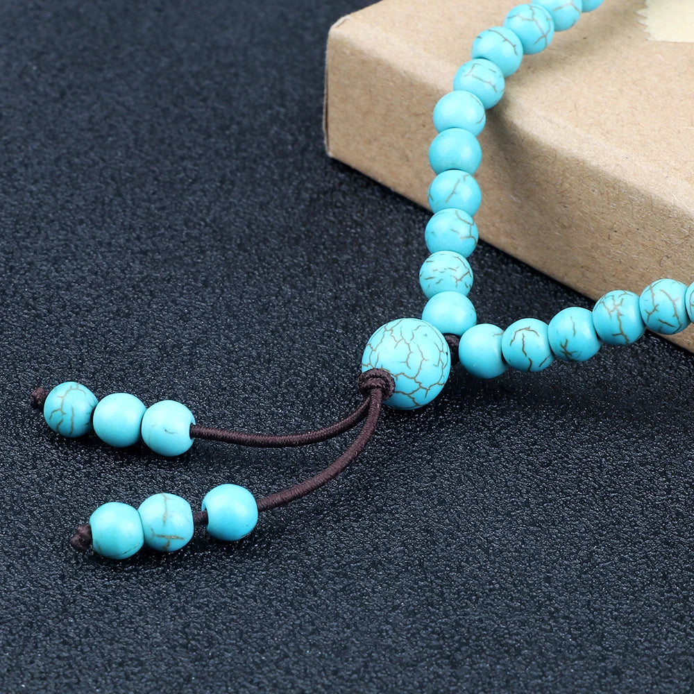 6MM Natural Light Blue Beaded Necklaces Fashion Handmade 108 Mala Beads Women Elastic Bracelet Yoga Meditation Men Jewelry Gifts
