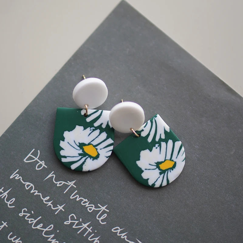 Flower Abstract Art Deco Pattern Multi Sizes Pendant Shapes Solid Colors Handmade Polymer Clay Earrings Sets For Woman Holiday