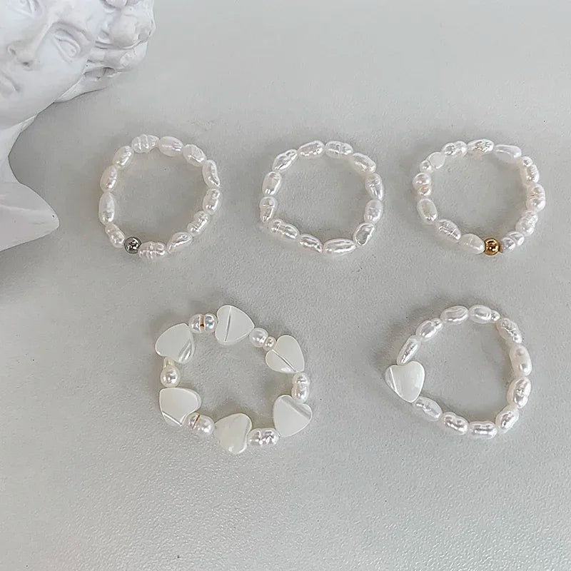 Elegant Handmade Freshwater Pearl Rings Women With Stainless Steel Bead Elastic Thread Wedding Statement Ring Gift