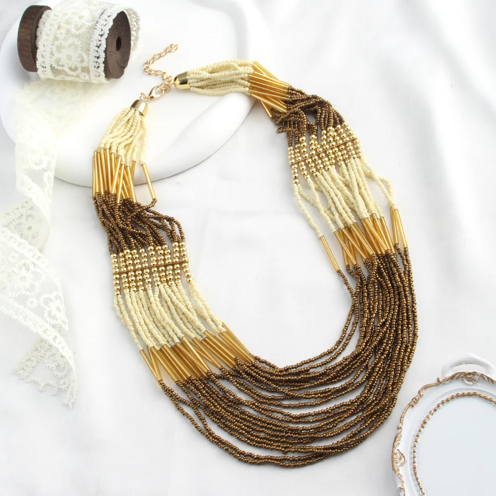 Bohemian Ethnic Handmade Multi-layer Glass Rice Bead Necklace Mix Color Multi Strand Statement Necklace Seed Beads Necklace