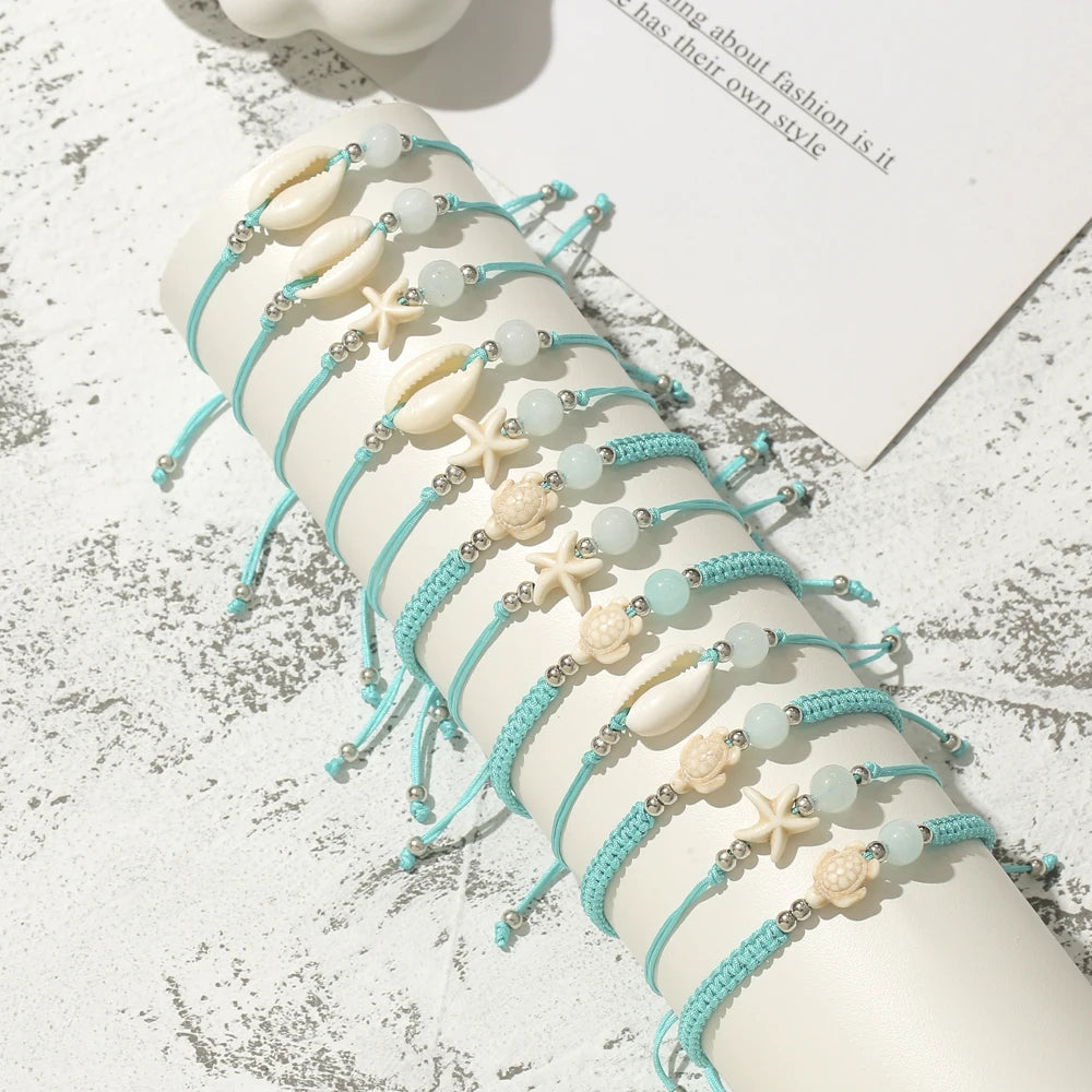 12pcs Shell Starfish Turtle Charms Bracelet Set Braided Rope Bracelet Set Handmade Adjustable Bracelets For Women Jewelry Gifts
