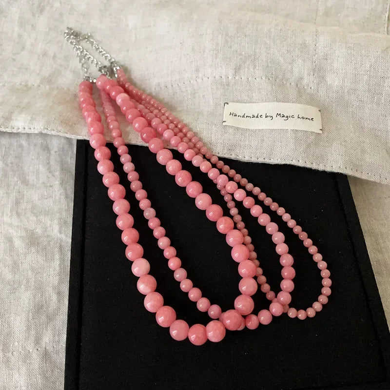 Exquisite 4 6 8mm Pink Color Round Natural Stone Beaded Necklace for Women Handmade Silver Plated Chain Strand Chokers