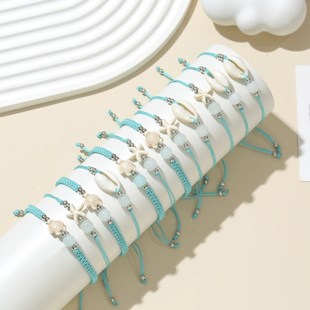 12pcs Shell Starfish Turtle Charms Bracelet Set Braided Rope Bracelet Set Handmade Adjustable Bracelets For Women Jewelry Gifts