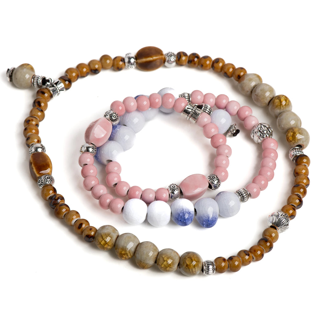 Double-Layer Crackle Ceramic Bracelet Handmade Elastic Jewelry in Purple and Yellow Beads Vintage Jewelry gifts regalo