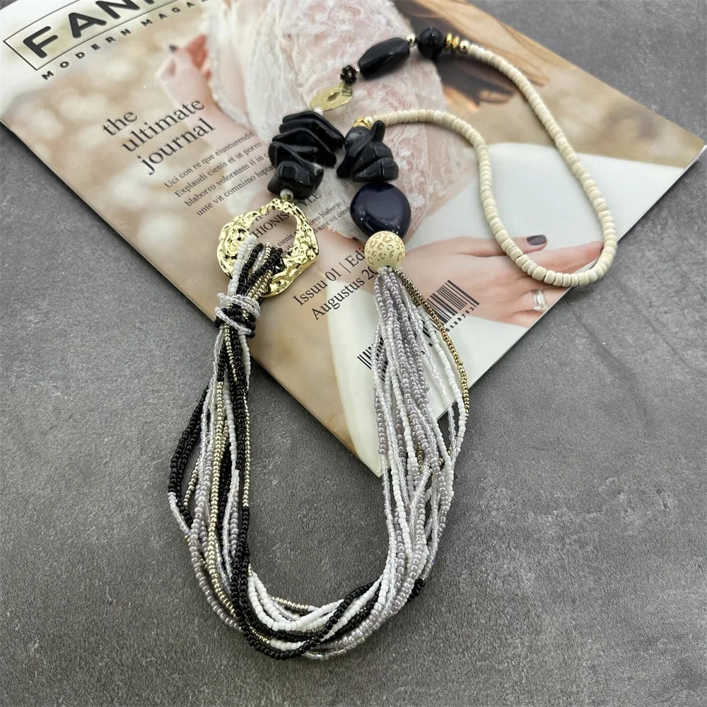 Long Fashion Bohemian Handmade Layer Beaded Necklace For Women Glass Seed Bead Collar Statement Necklace Maxi Jewelry