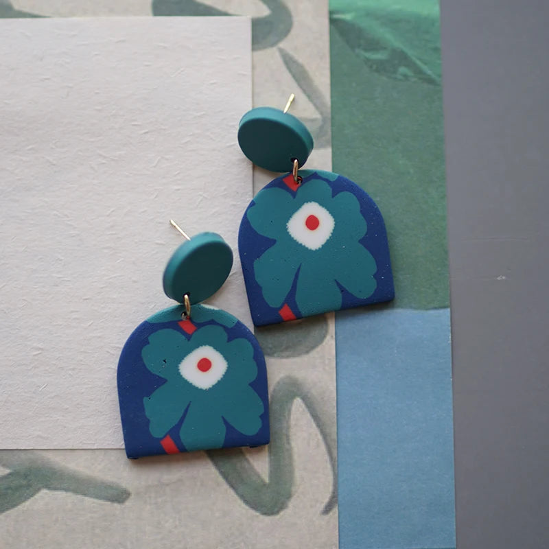 Flower Abstract Art Deco Pattern Multi Sizes Pendant Shapes Solid Colors Handmade Polymer Clay Earrings Sets For Woman Holiday