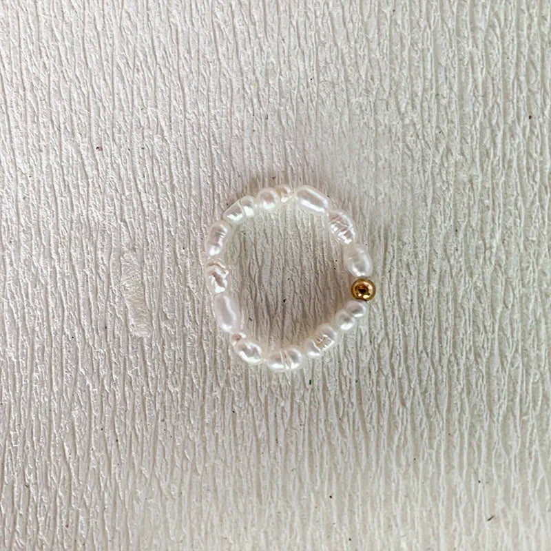 Elegant Handmade Freshwater Pearl Rings Women With Stainless Steel Bead Elastic Thread Wedding Statement Ring Gift