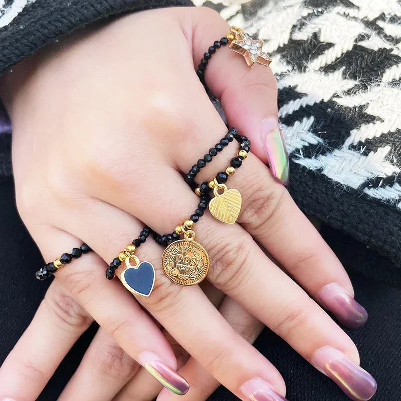 Obsidian Heart Star Charm Rings Women Ethnic Handmade Fashion Stainless Steel Jewelry Natural Stone Ring Wholesale