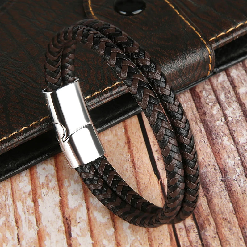2025 NEW Genuine Leather Bracelets & Bangles for Men Women Double Layer Leather Rope Bracelet Handmade Jewelry Homme Pulseras