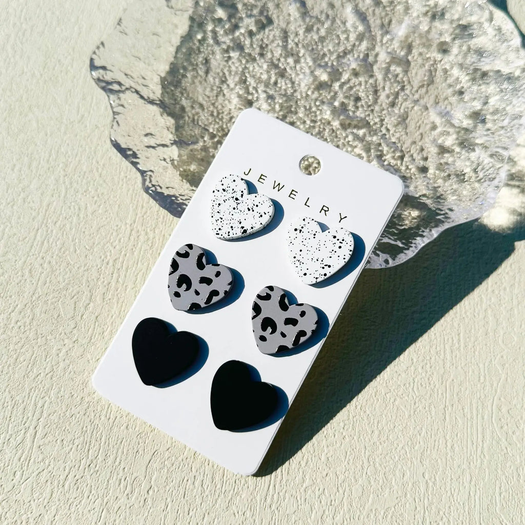 3-on-1 card spotted leopard print symbol printed clay texture women's acrylic heart-shaped earrings