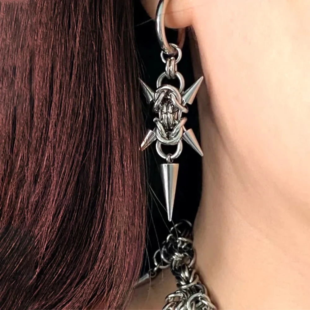 Gothic Stainless Steel Hoops Spike Piercing Long Dangle Earrings Handmade Punk y2k Chainmail Rivet Drop Earrings Rock Jewelry