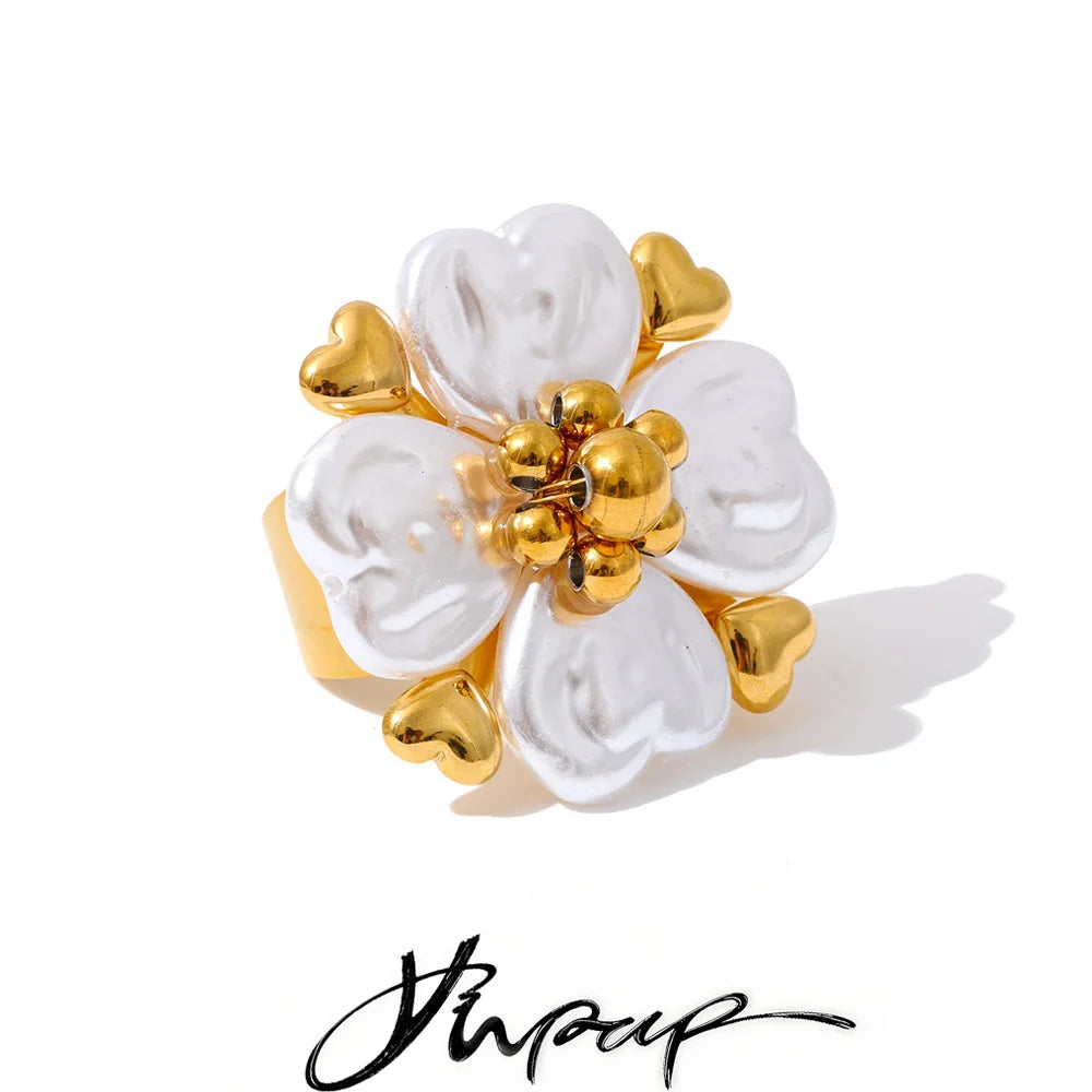Stainless Steel Imitation Pearls Flower Golden Handmade PVD Ring Trending Metal Fashion Elegance Popular Jewelry Gift