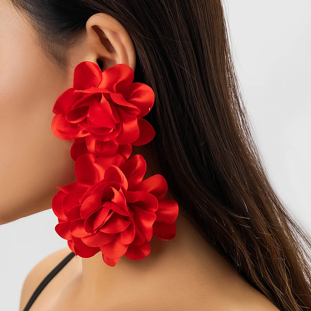 Exaggerated Red Petal Flower Drop Earrings for Women Boho Handmade Long Tassel Rose Fairy Dangle Earrings Aesthetic Jewelry New