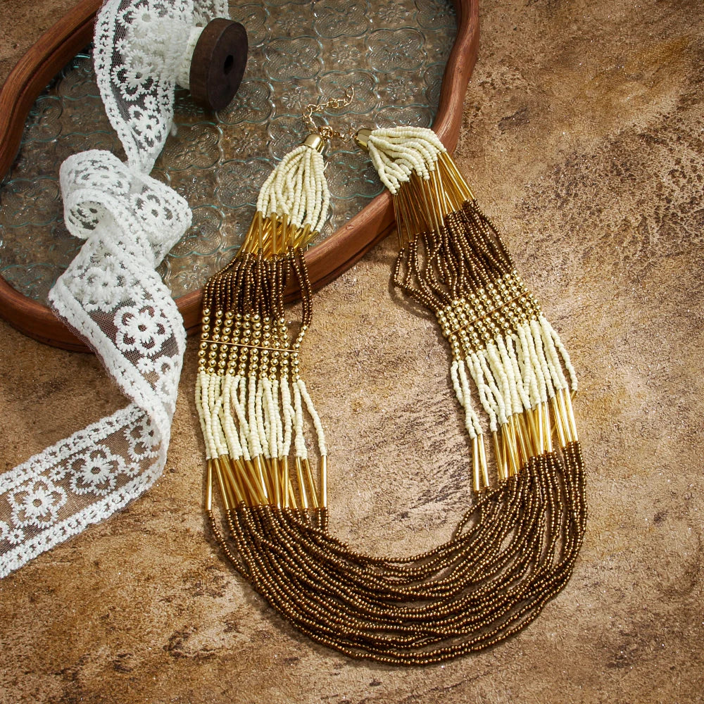 Bohemian Ethnic Handmade Multi-layer Glass Rice Bead Necklace Mix Color Multi Strand Statement Necklace Seed Beads Necklace