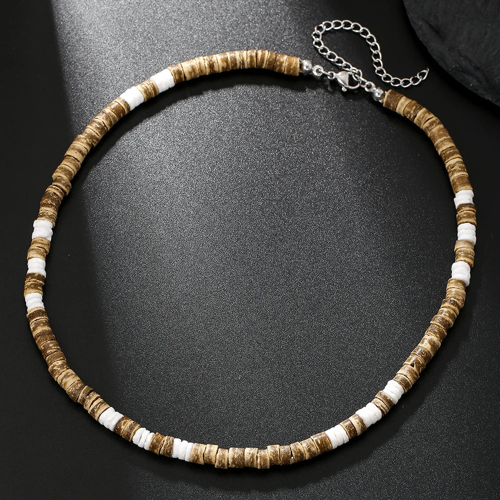 Handmade Men's Wooden Beaded Clay Necklace Fashion Vintage African White Beaded Beach Surfer Necklace for Men Tribal Jewelry