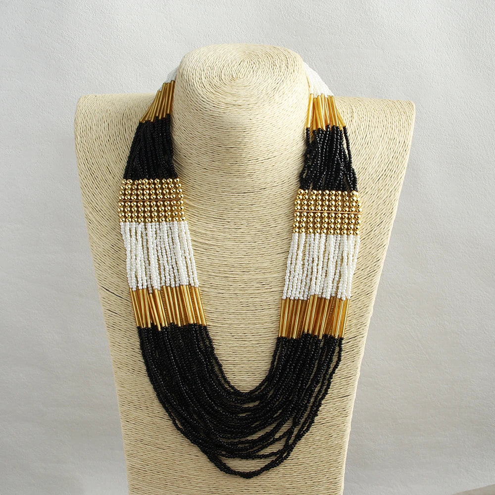 Bohemian Ethnic Handmade Multi-layer Glass Rice Bead Necklace Mix Color Multi Strand Statement Necklace Seed Beads Necklace